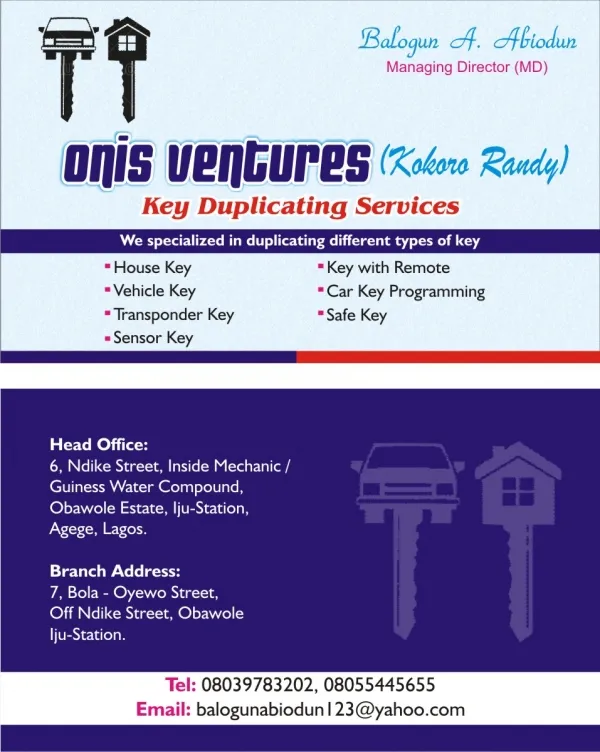 Onis Ventures Key Duplicating and Auto Diagnostics logo