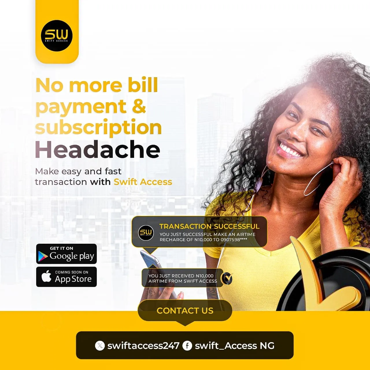 Swift Access is a versatile utility app designed to simplify bill payments such as Electricity Bill Payments, Cable Subscriptions, Airtime top-up and data purchase
